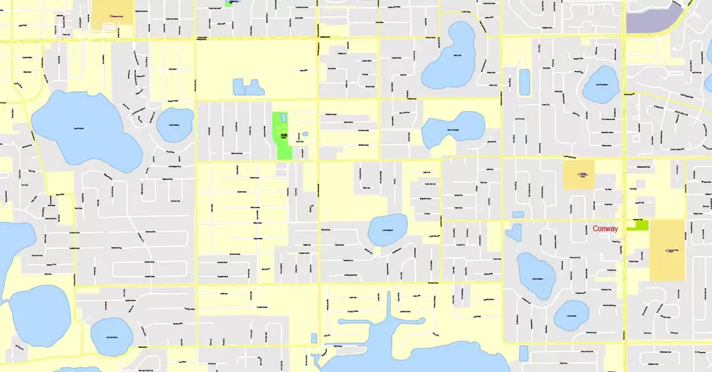 Printable Map Orlando Grande, Florida, US, exact vector street G-View Plan City Level 17 (100 meters scale) map, fully editable, Adobe Illustrator