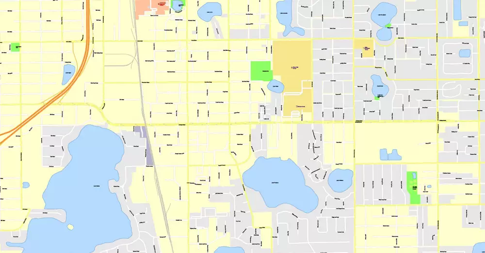 Printable Map Orlando Grande, Florida, US, exact vector street G-View Plan City Level 17 (100 meters scale) map, fully editable, Adobe Illustrator