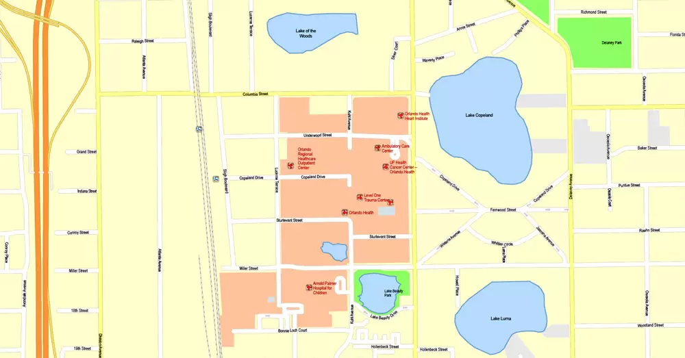 Printable Map Orlando Grande, Florida, US, exact vector street G-View Plan City Level 17 (100 meters scale) map, fully editable, Adobe Illustrator