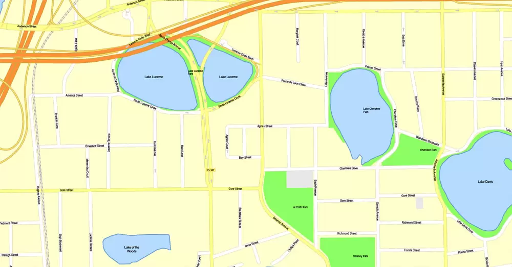 Printable Map Orlando Grande, Florida, US, exact vector street G-View Plan City Level 17 (100 meters scale) map, fully editable, Adobe Illustrator
