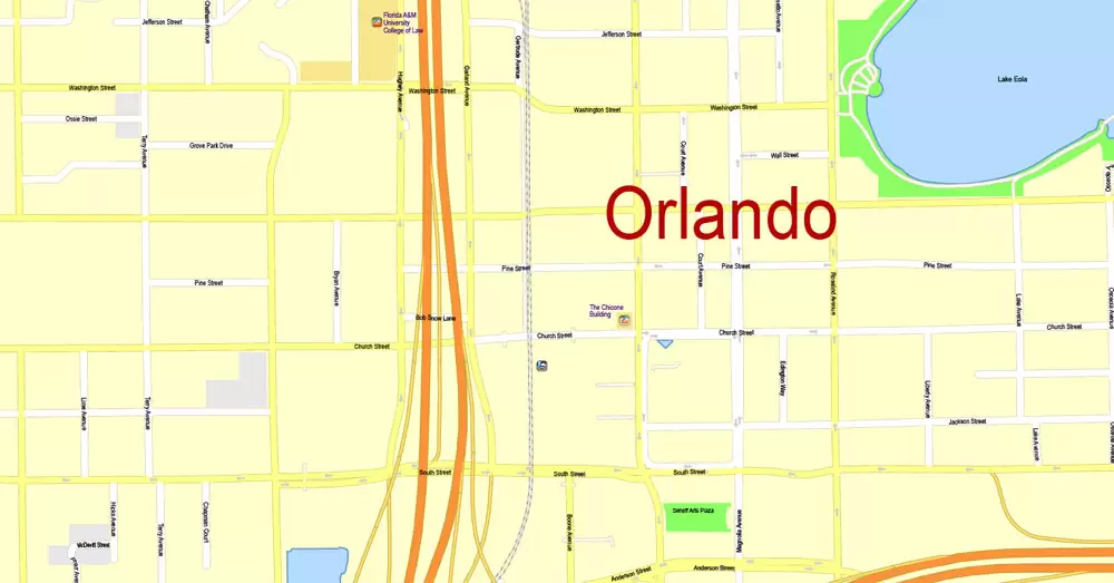 Printable Map Orlando Grande, Florida, US, exact vector street G-View Plan City Level 17 (100 meters scale) map, fully editable, Adobe Illustrator