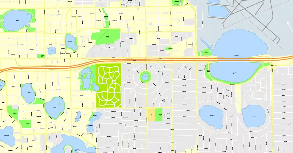 Printable Map Orlando Grande, Florida, US, exact vector street G-View Plan City Level 17 (100 meters scale) map, fully editable, Adobe Illustrator