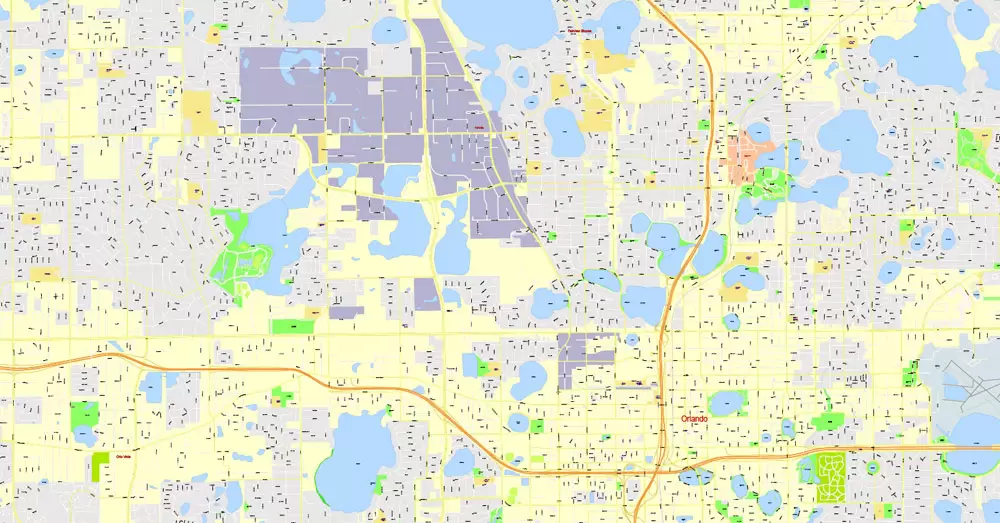 Printable Map Orlando Grande, Florida, US, exact vector street G-View Plan City Level 17 (100 meters scale) map, fully editable, Adobe Illustrator