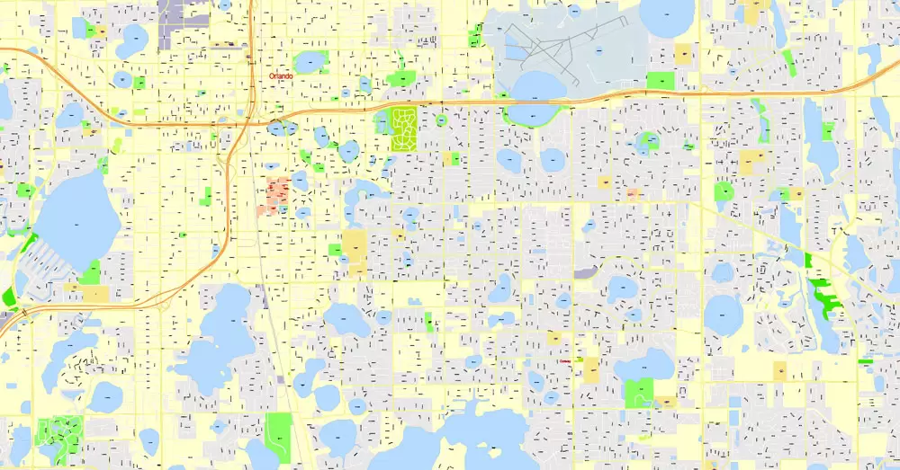Printable Map Orlando Grande, Florida, US, exact vector street G-View Plan City Level 17 (100 meters scale) map, fully editable, Adobe Illustrator