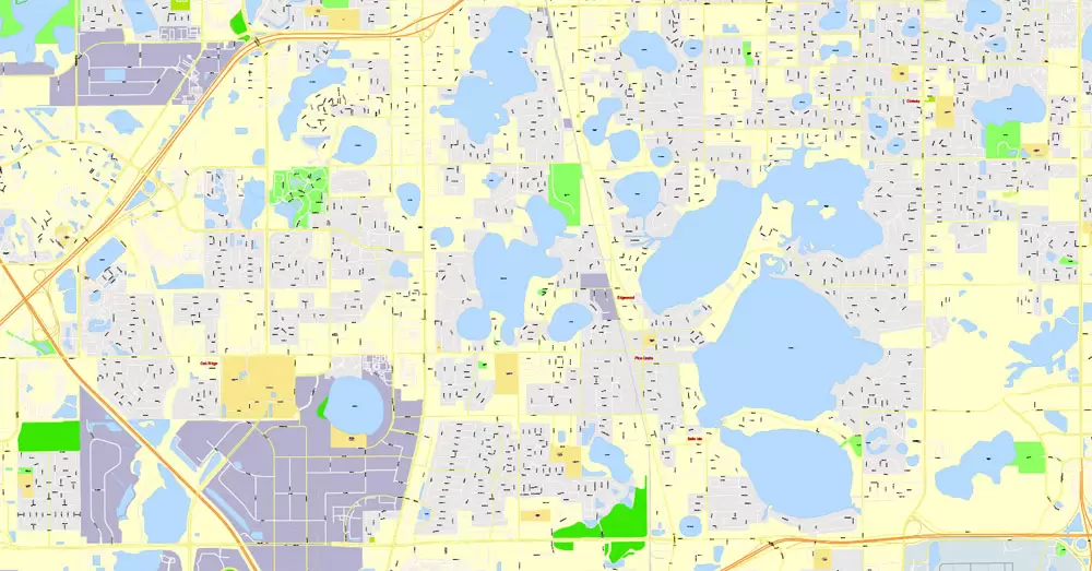 Printable Map Orlando Grande, Florida, US, exact vector street G-View Plan City Level 17 (100 meters scale) map, fully editable, Adobe Illustrator