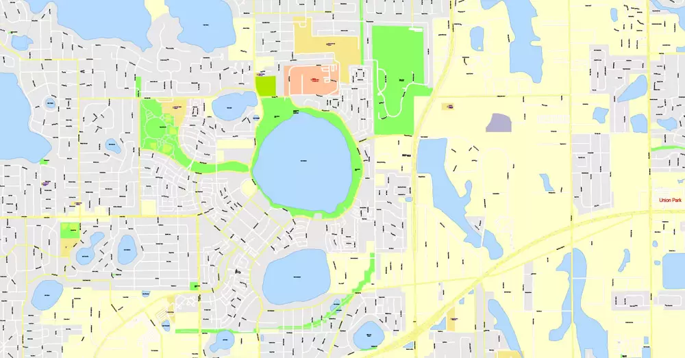Printable Map Orlando Grande, Florida, US, exact vector street G-View Plan City Level 17 (100 meters scale) map, fully editable, Adobe Illustrator