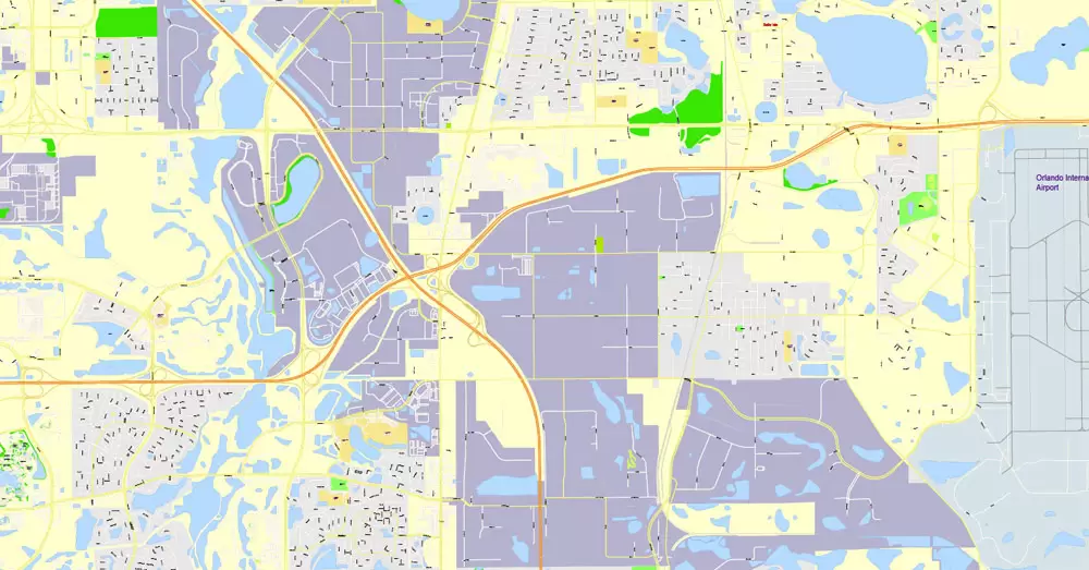 Printable Map Orlando Grande, Florida, US, exact vector street G-View Plan City Level 17 (100 meters scale) map, fully editable, Adobe Illustrator