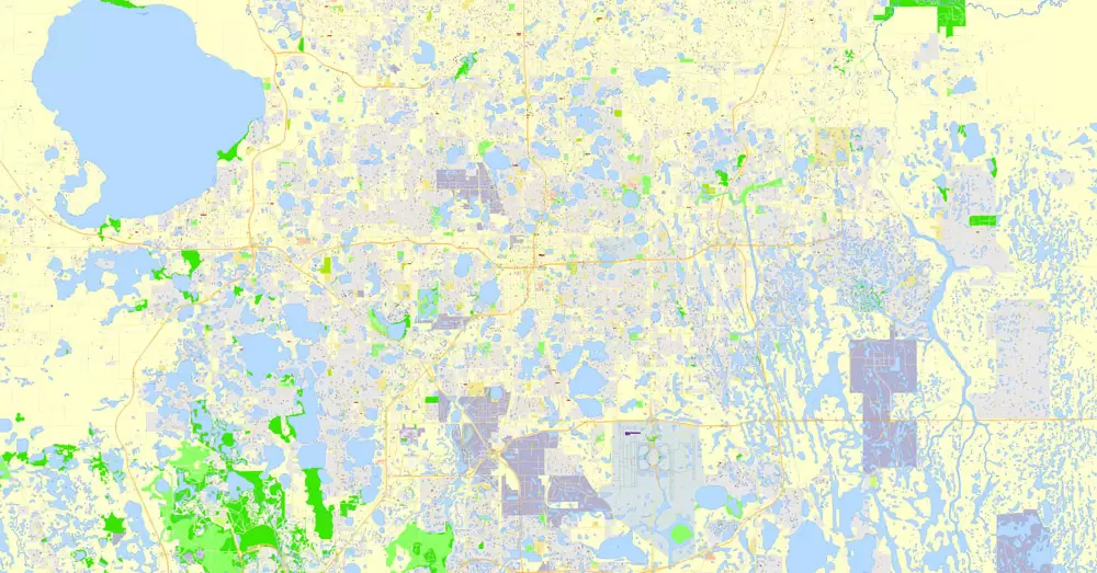 Printable Map Orlando Grande, Florida, US, exact vector street G-View Plan City Level 17 (100 meters scale) map, fully editable, Adobe Illustrator
