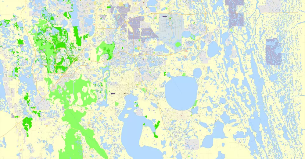 Printable Map Orlando Grande, Florida, US, exact vector street G-View Plan City Level 17 (100 meters scale) map, fully editable, Adobe Illustrator