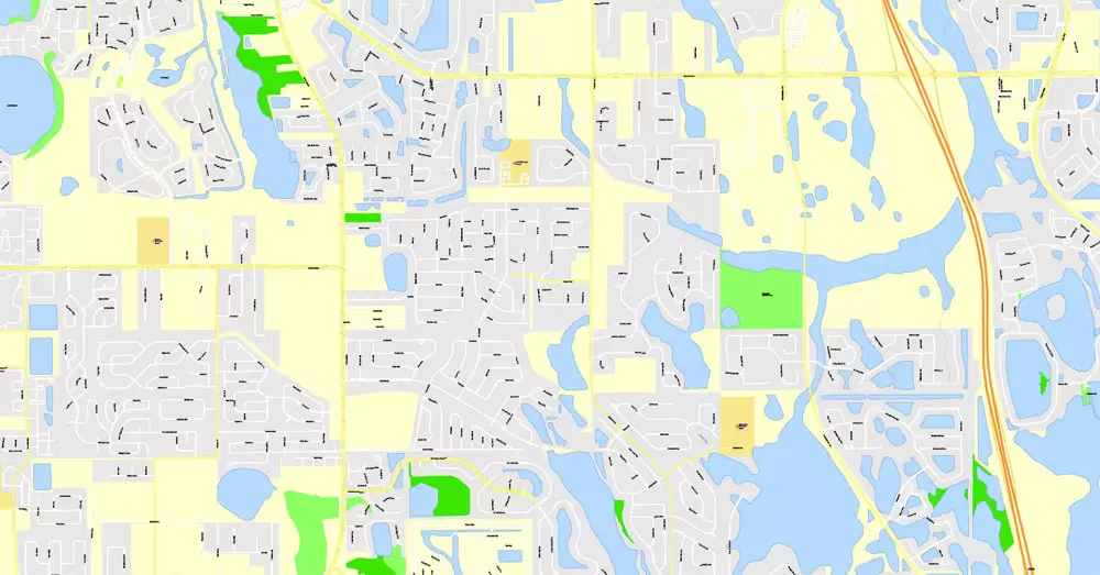 Printable Map Orlando Grande, Florida, US, exact vector street G-View Plan City Level 17 (100 meters scale) map, fully editable, Adobe Illustrator