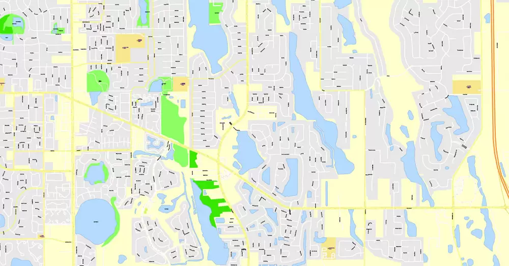 Printable Map Orlando Grande, Florida, US, exact vector street G-View Plan City Level 17 (100 meters scale) map, fully editable, Adobe Illustrator