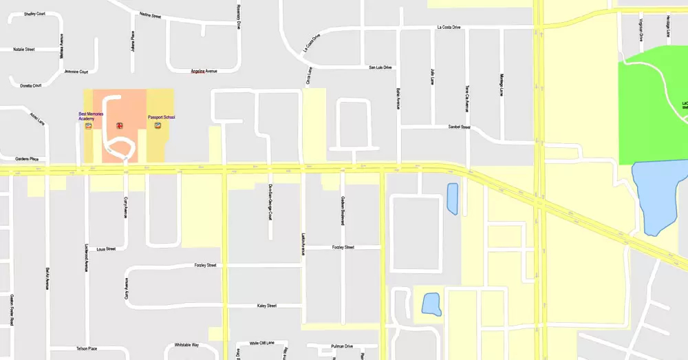 Printable Map Orlando Grande, Florida, US, exact vector street G-View Plan City Level 17 (100 meters scale) map, fully editable, Adobe Illustrator