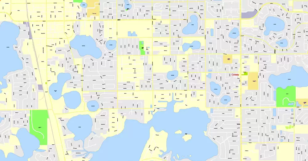 Printable Map Orlando Grande, Florida, US, exact vector street G-View Plan City Level 17 (100 meters scale) map, fully editable, Adobe Illustrator