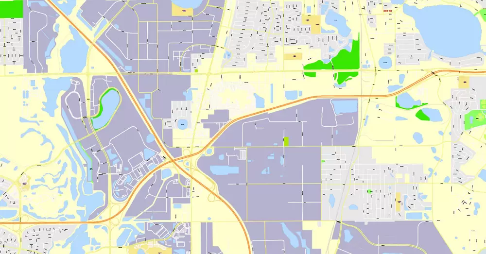 Printable Map Orlando Grande, Florida, US, exact vector street G-View Plan City Level 17 (100 meters scale) map, fully editable, Adobe Illustrator