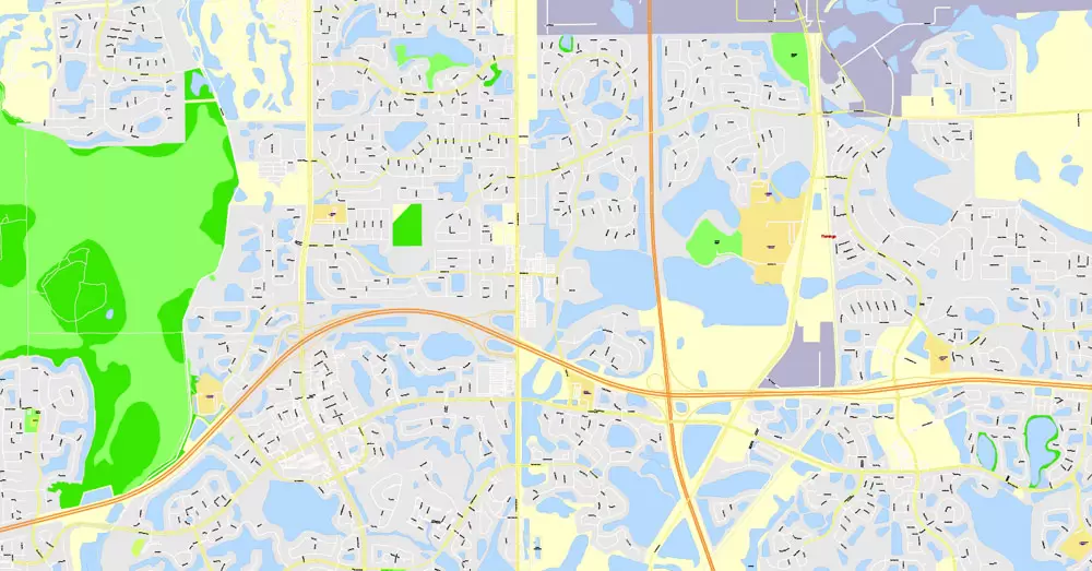 Printable Map Orlando Grande, Florida, US, exact vector street G-View Plan City Level 17 (100 meters scale) map, fully editable, Adobe Illustrator