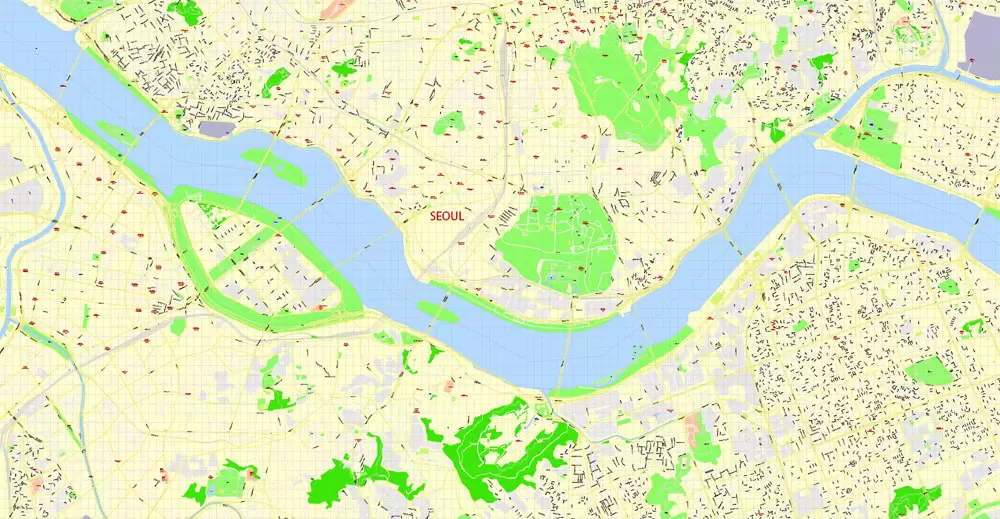 Printable Map Seoul, South Korea, exact vector street G-View Plan City Level 17 (100 meters scale) map, V.06.02. fully editable, Adobe Illustrator