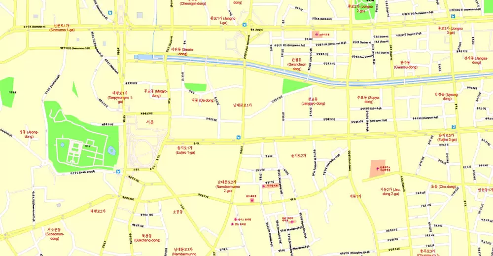 Printable Map Seoul, South Korea, exact vector street G-View Plan City Level 17 (100 meters scale) map, V.06.02. fully editable, Adobe Illustrator