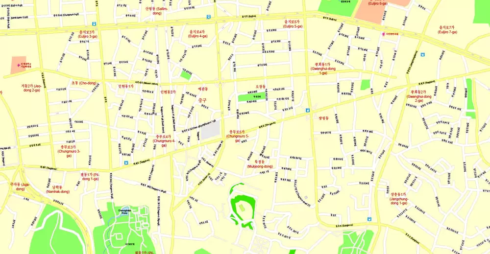 Printable Map Seoul, South Korea, exact vector street G-View Plan City Level 17 (100 meters scale) map, V.06.02. fully editable, Adobe Illustrator
