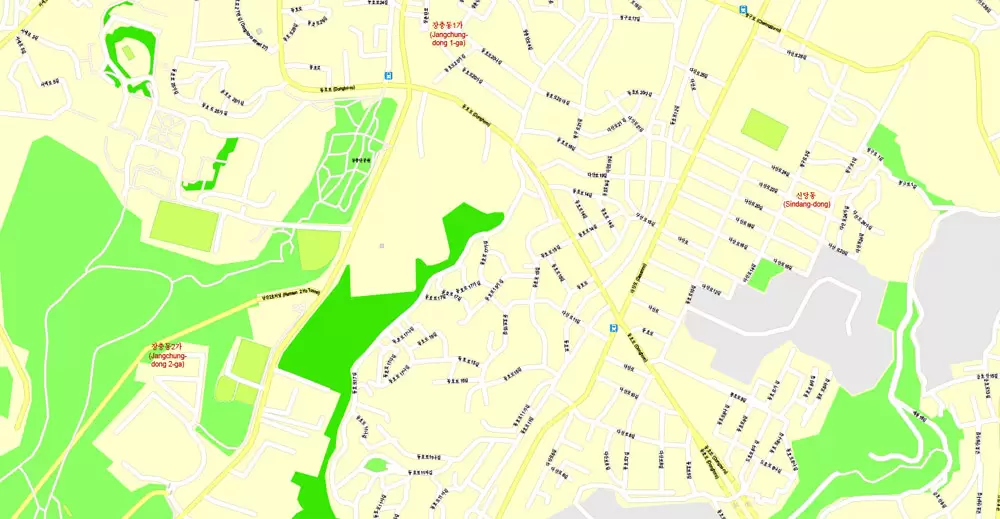 Printable Map Seoul, South Korea, exact vector street G-View Plan City Level 17 (100 meters scale) map, V.06.02. fully editable, Adobe Illustrator