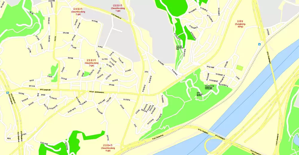 Printable Map Seoul, South Korea, exact vector street G-View Plan City Level 17 (100 meters scale) map, V.06.02. fully editable, Adobe Illustrator