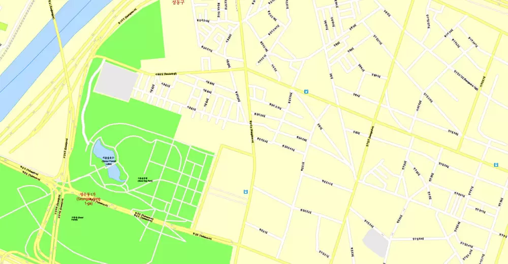 Printable Map Seoul, South Korea, exact vector street G-View Plan City Level 17 (100 meters scale) map, V.06.02. fully editable, Adobe Illustrator
