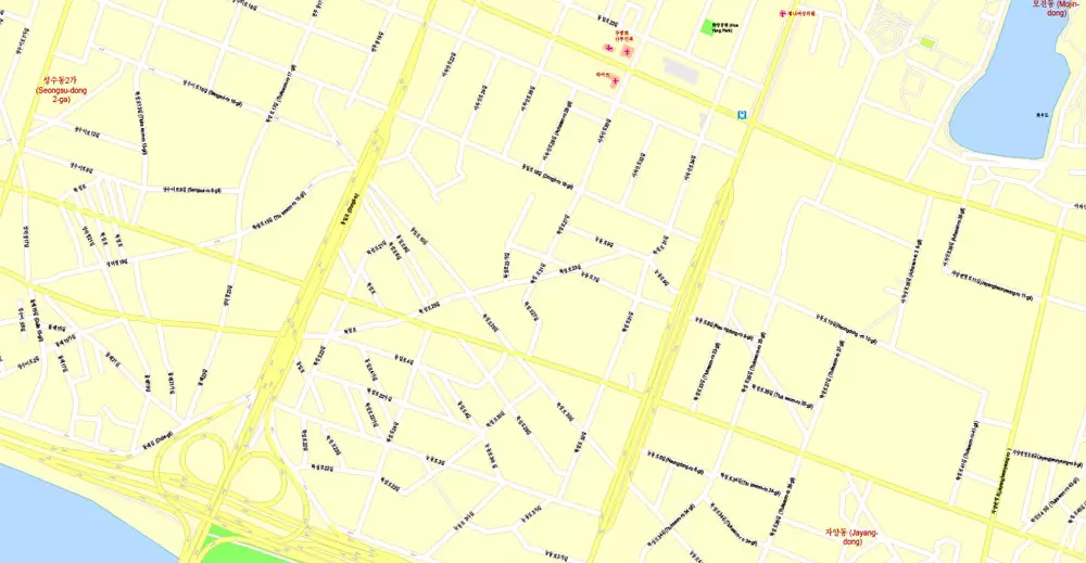Printable Map Seoul, South Korea, exact vector street G-View Plan City Level 17 (100 meters scale) map, V.06.02. fully editable, Adobe Illustrator