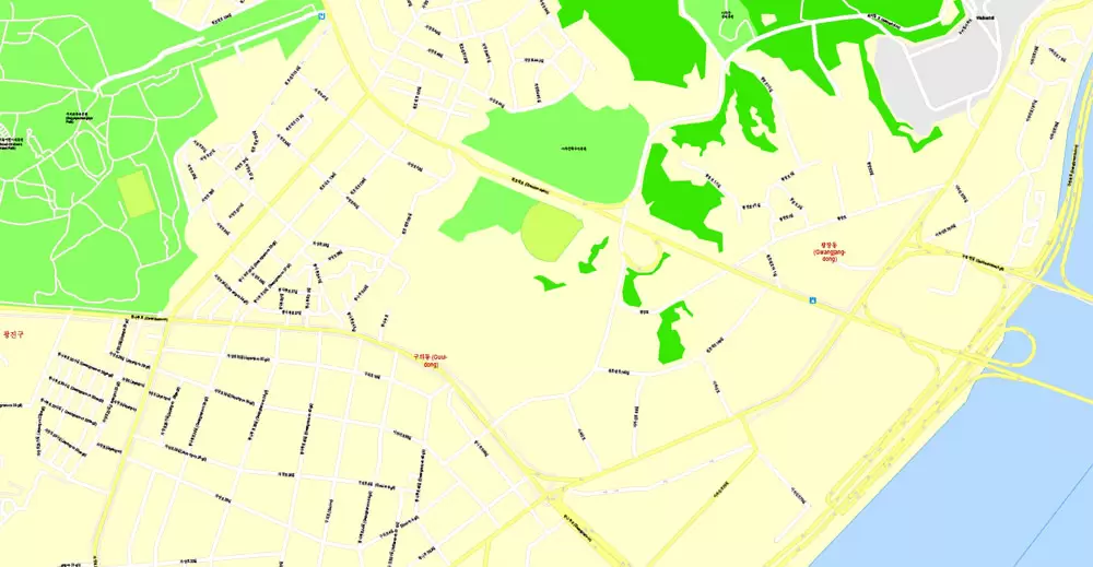 Printable Map Seoul, South Korea, exact vector street G-View Plan City Level 17 (100 meters scale) map, V.06.02. fully editable, Adobe Illustrator