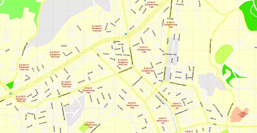 Printable Map Seoul, South Korea, exact vector street G-View Plan City Level 17 (100 meters scale) map, V.06.02. fully editable, Adobe Illustrator