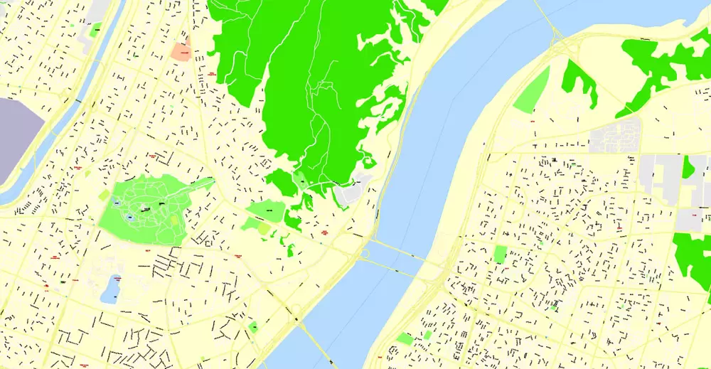 Printable Map Seoul, South Korea, exact vector street G-View Plan City Level 17 (100 meters scale) map, V.06.02. fully editable, Adobe Illustrator