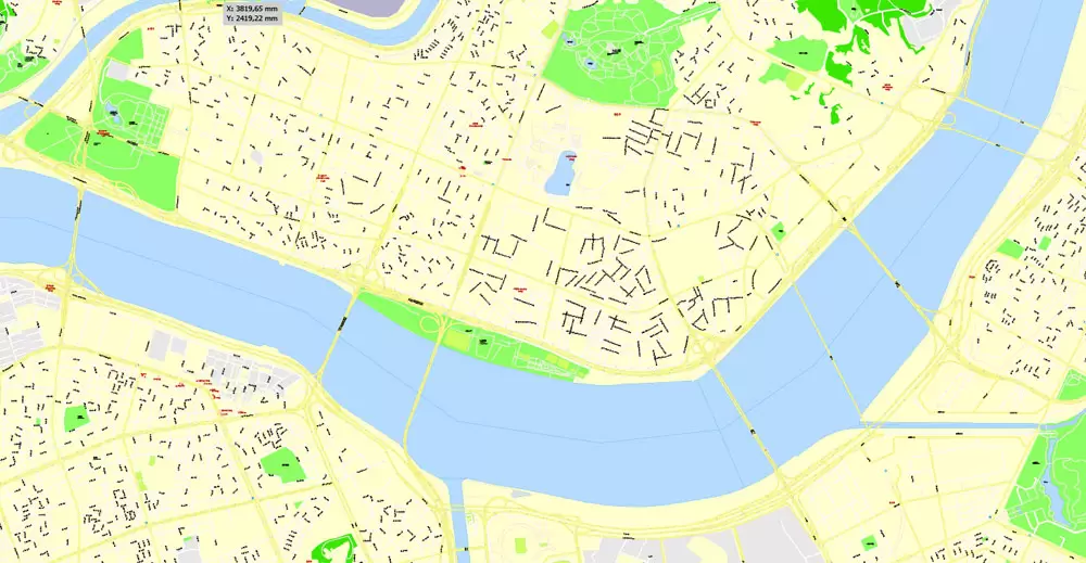Printable Map Seoul, South Korea, exact vector street G-View Plan City Level 17 (100 meters scale) map, V.06.02. fully editable, Adobe Illustrator