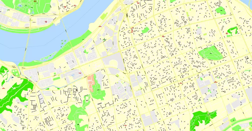 Printable Map Seoul, South Korea, exact vector street G-View Plan City Level 17 (100 meters scale) map, V.06.02. fully editable, Adobe Illustrator