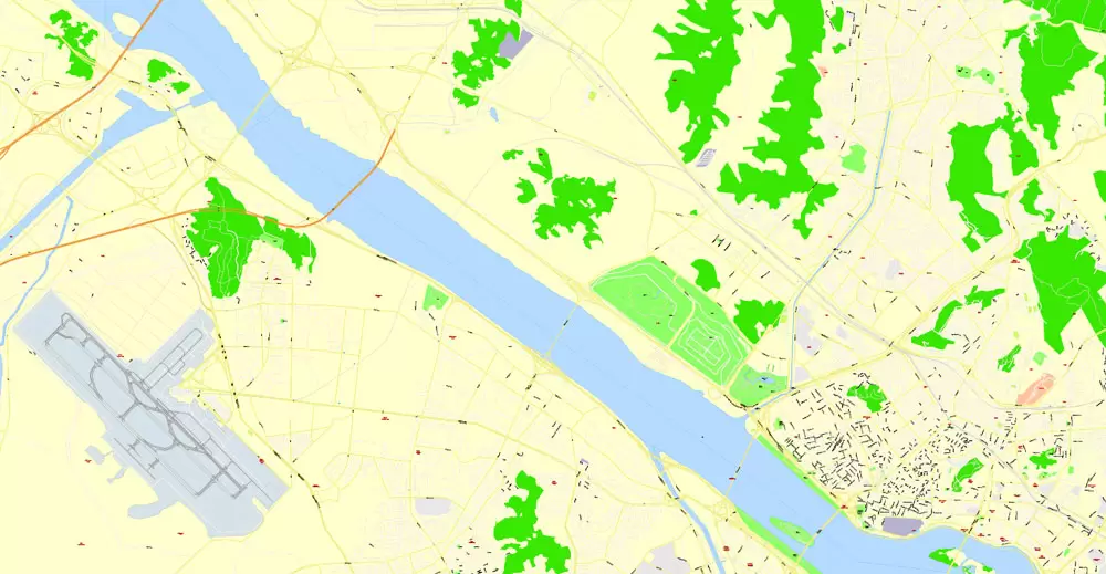 Printable Map Seoul, South Korea, exact vector street G-View Plan City Level 17 (100 meters scale) map, V.06.02. fully editable, Adobe Illustrator