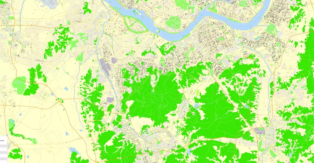 Seoul Printable Map, South Korea, exact vector City Plan 100 meters scale fully editable, Adobe Illustrator Street Map