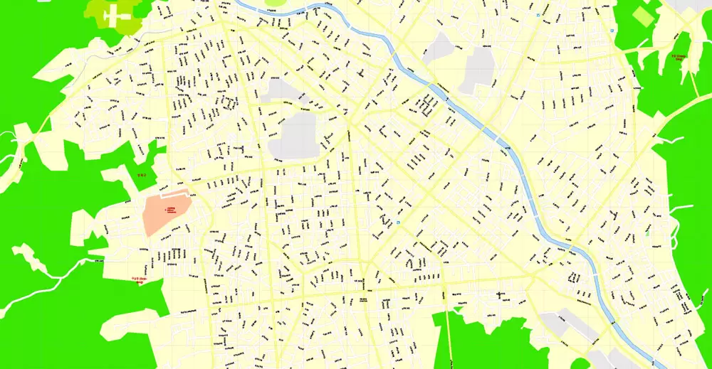 Printable Map Seoul, South Korea, exact vector street G-View Plan City Level 17 (100 meters scale) map, V.06.02. fully editable, Adobe Illustrator