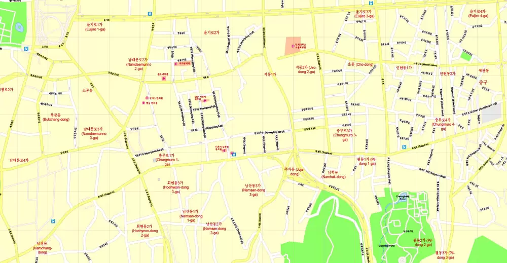 Printable Map Seoul, South Korea, exact vector street G-View Plan City Level 17 (100 meters scale) map, V.06.02. fully editable, Adobe Illustrator
