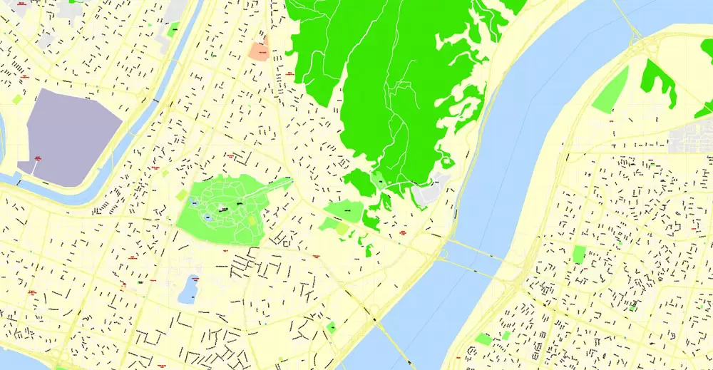 Printable Map Seoul, South Korea, exact vector street G-View Plan City Level 17 (100 meters scale) map, V.06.02. fully editable, Adobe Illustrator