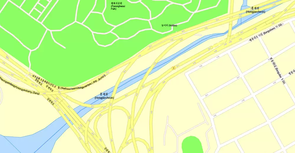 Printable Map Seoul, South Korea, exact vector street G-View Plan City Level 17 (100 meters scale) map, V.06.02. fully editable, Adobe Illustrator