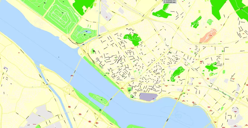 Printable Map Seoul, South Korea, exact vector street G-View Plan City Level 17 (100 meters scale) map, V.06.02. fully editable, Adobe Illustrator