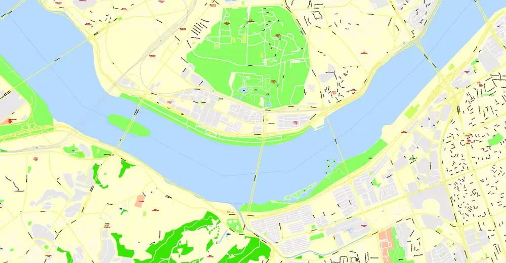 Printable Map Seoul, South Korea, exact vector street G-View Plan City Level 17 (100 meters scale) map, V.06.02. fully editable, Adobe Illustrator