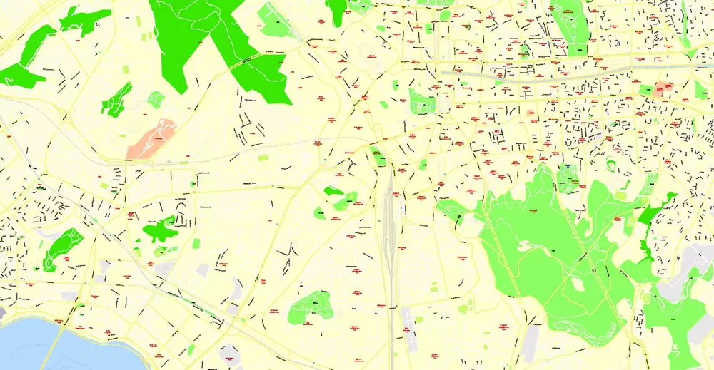 Printable Map Seoul, South Korea, exact vector street G-View Plan City Level 17 (100 meters scale) map, V.06.02. fully editable, Adobe Illustrator