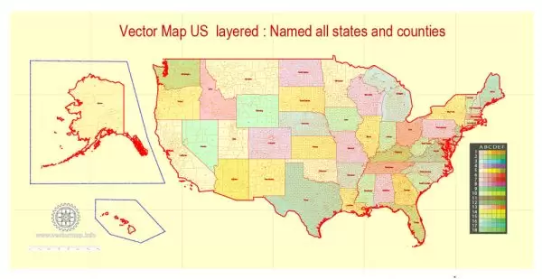 Printable Map States and Counties, all names, US, exact vector map, V.14.02. fully editable, Adobe Illustrator, full vector, scalable, editable text format of street names, 73 Mb ZIP