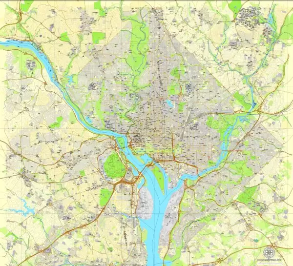 Printable Map Washington DC, US, exact vector street City Plan Layered map, V.12. fully editable, Adobe Illustrator