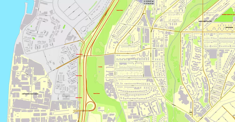 Printable Map Washington DC, US, exact vector street City Plan Layered map, V.12. fully editable, Adobe Illustrator