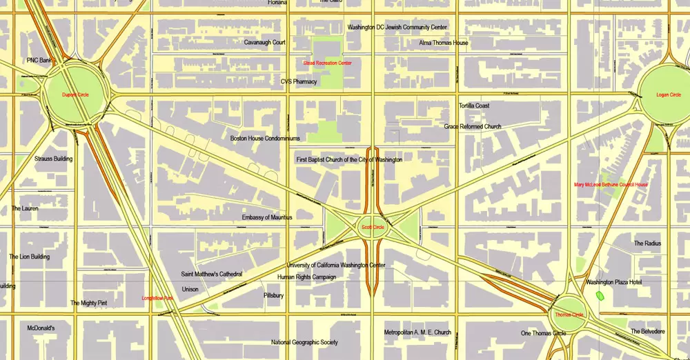 Printable Map Washington DC, US, exact vector street City Plan Layered map, V.12. fully editable, Adobe Illustrator
