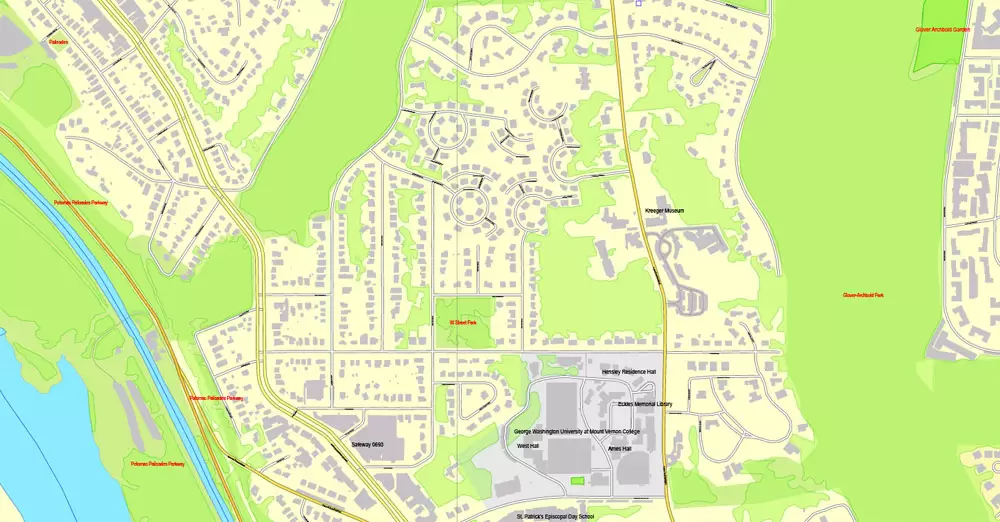 Printable Map Washington DC, US, exact vector street City Plan Layered map, V.12. fully editable, Adobe Illustrator