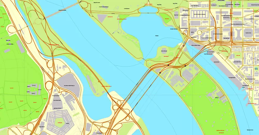 Printable Map Washington DC, US, exact vector street City Plan Layered map, V.12. fully editable, Adobe Illustrator