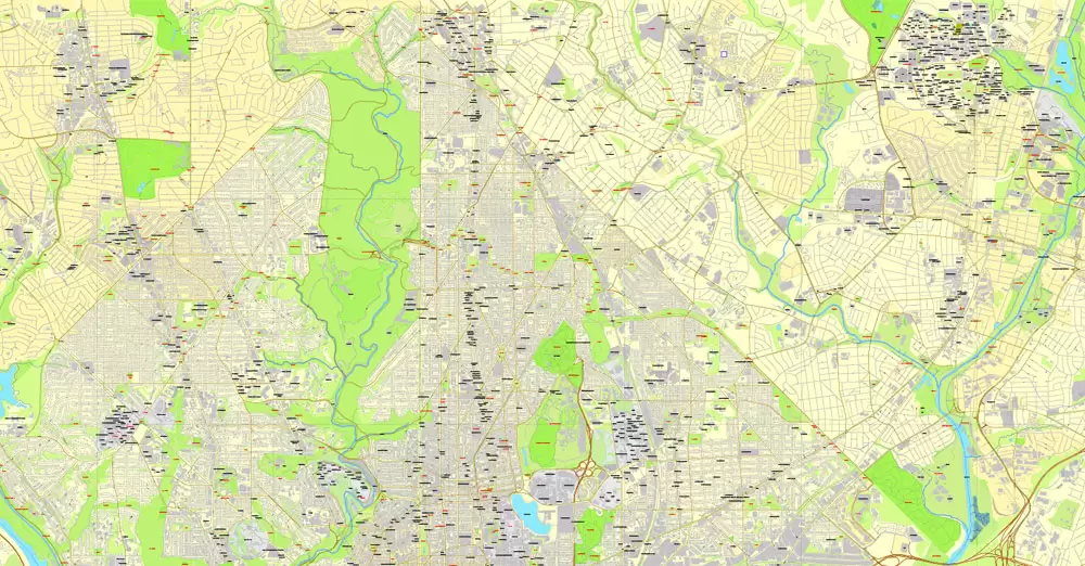 Printable Map Washington DC, US, exact vector street City Plan Layered map, V.12. fully editable, Adobe Illustrator