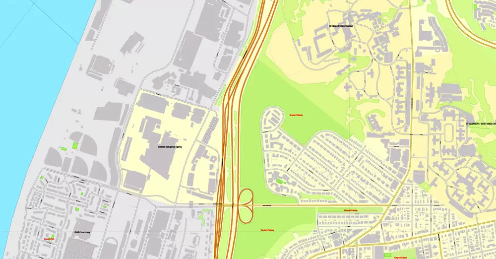 Printable Map Washington DC, US, exact vector street City Plan Layered map, V.12. fully editable, Adobe Illustrator