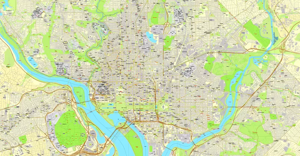 Printable Map Washington DC, US, exact vector street City Plan Layered map, V.12. fully editable, Adobe Illustrator