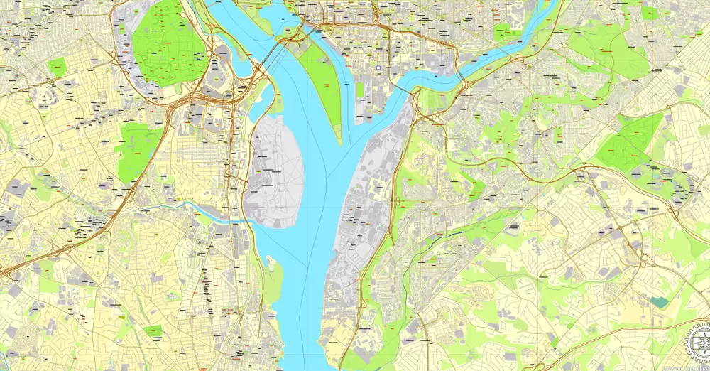 Printable Map Washington DC, US, exact vector street City Plan Layered map, V.12. fully editable, Adobe Illustrator